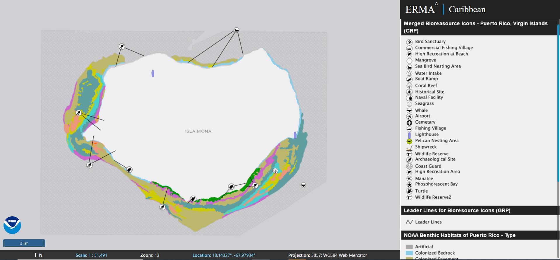 Caribbean ERMA shows benthic habitat types surrounding Isle Mona (off the coast of Puerto Rico) with NOAA’s Environmental Sensitivity Index bioresource data. A screenshot of a map