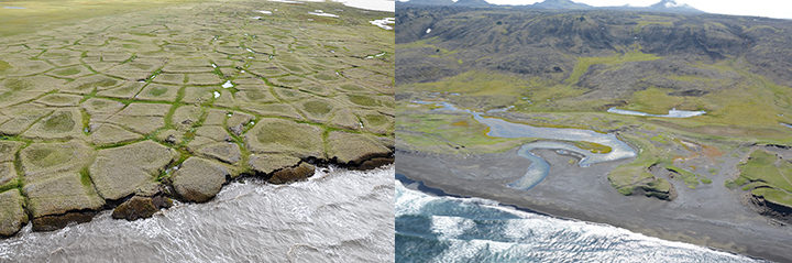 Left, the Arctic's rapidly changing coastline is visible in this photo from the August 2012 Bureau of Ocean and Energy Management ShoreZone survey of Alaska's North Slope (Mandy Lindeberg/NOAA and ShoreZone.org) Right, St. Lawrence Island, Alaska, lies south of the Bering Strait. Another view of the island's coast from the July 2013 ShoreZone survey. (ShoreZone.org) Left, coastline of Alaska's NOrth Slope and right, coastline of St. Lawrence Island in the Bering Sea.